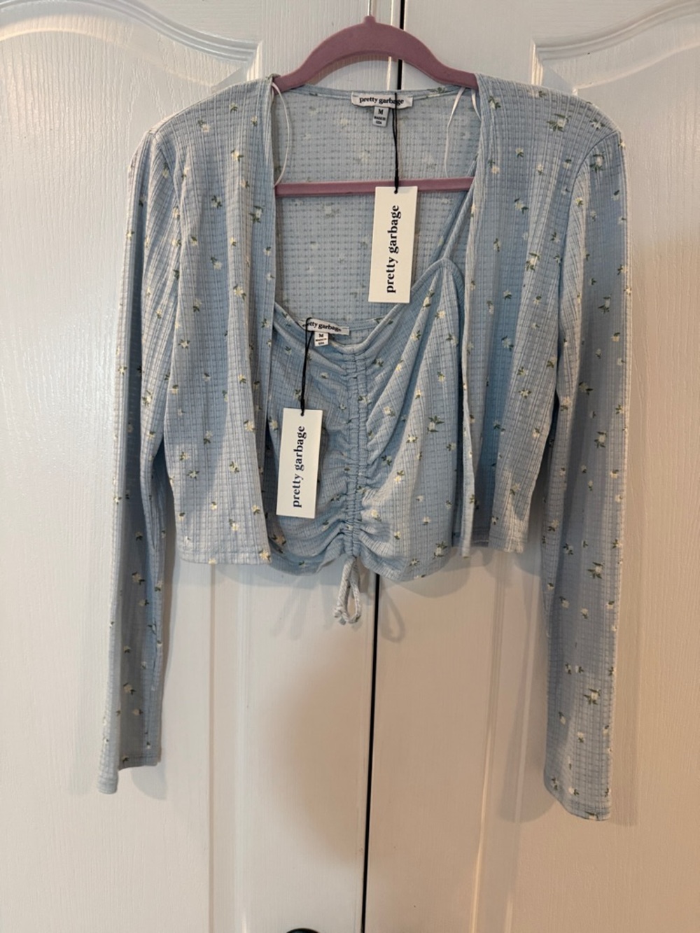Light Blue Floral Ruched Crop Tank and Sweater